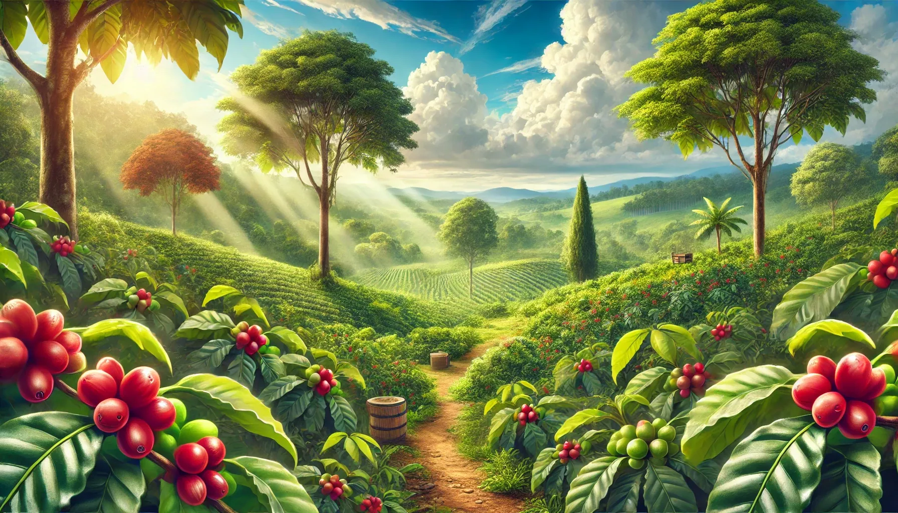 A scenic view of a coffee farm with lush greenery and coffee cherries ready for harvest